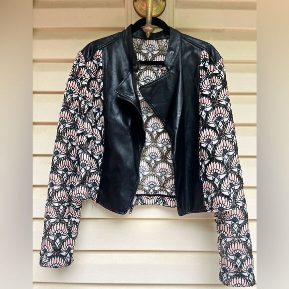 High end designer motto jacket:faux leather inserts in unique embroidered body M - Picture 1 of 9